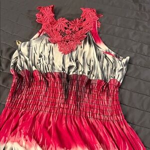 Red and Gray Sleeveless Dress with Lace Detail